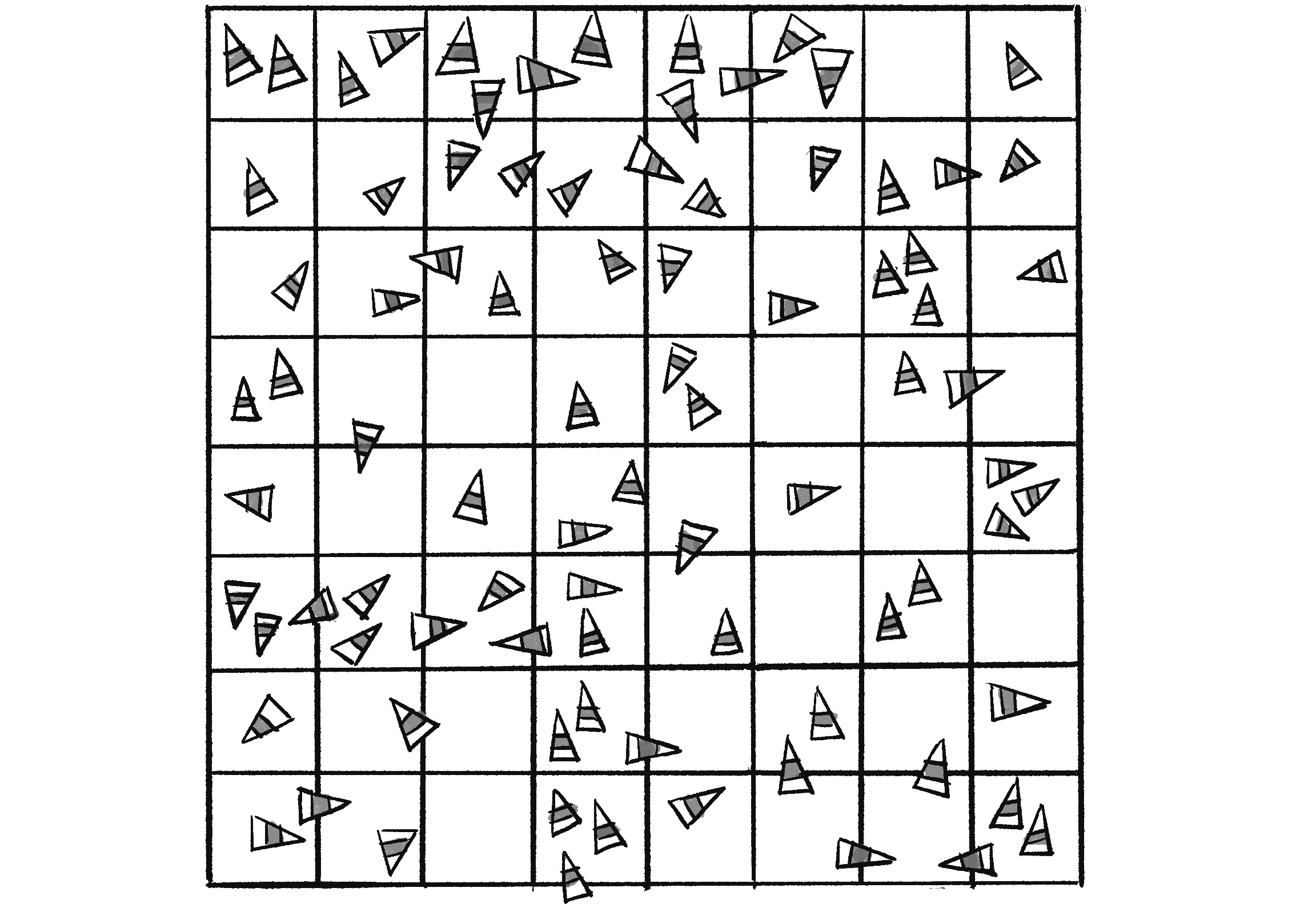 Figure 5.36: A square canvas full of vehicles, subdivided into a grid of square cells