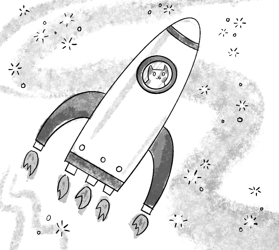 Figure 9.10: A single smart rocket with five thrusters, carrying Clawdius the astronaut