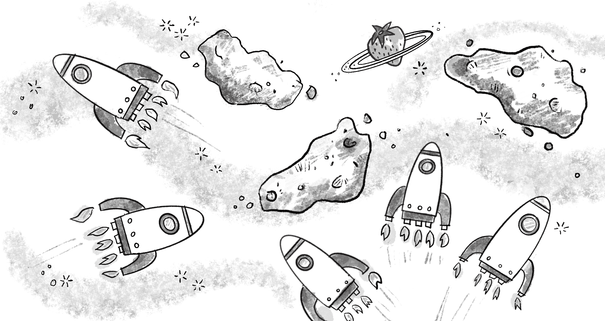 Figure 9.9: A population of smart rockets seeking a delicious strawberry planet
