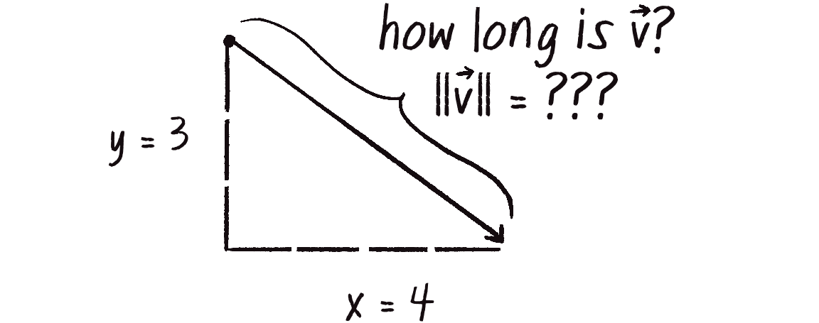 Figure 1.11: The length, or magnitude, of a vector \vec{v} is often written as \lVert\vec{v}\rVert.