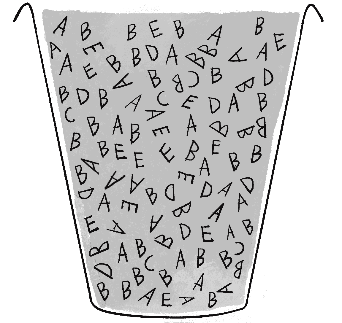 Figure 9.7: A bucket full of letters A, B, C, D, and E. The higher the fitness, the more instances of the letter in the bucket.